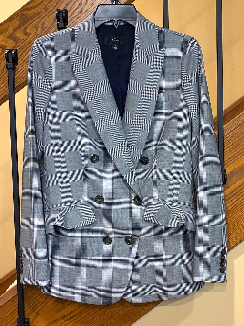 J.Crew Blazer Glen Plaid Double Breasted Gray Button Lined Ruffle pocket SZ. 4